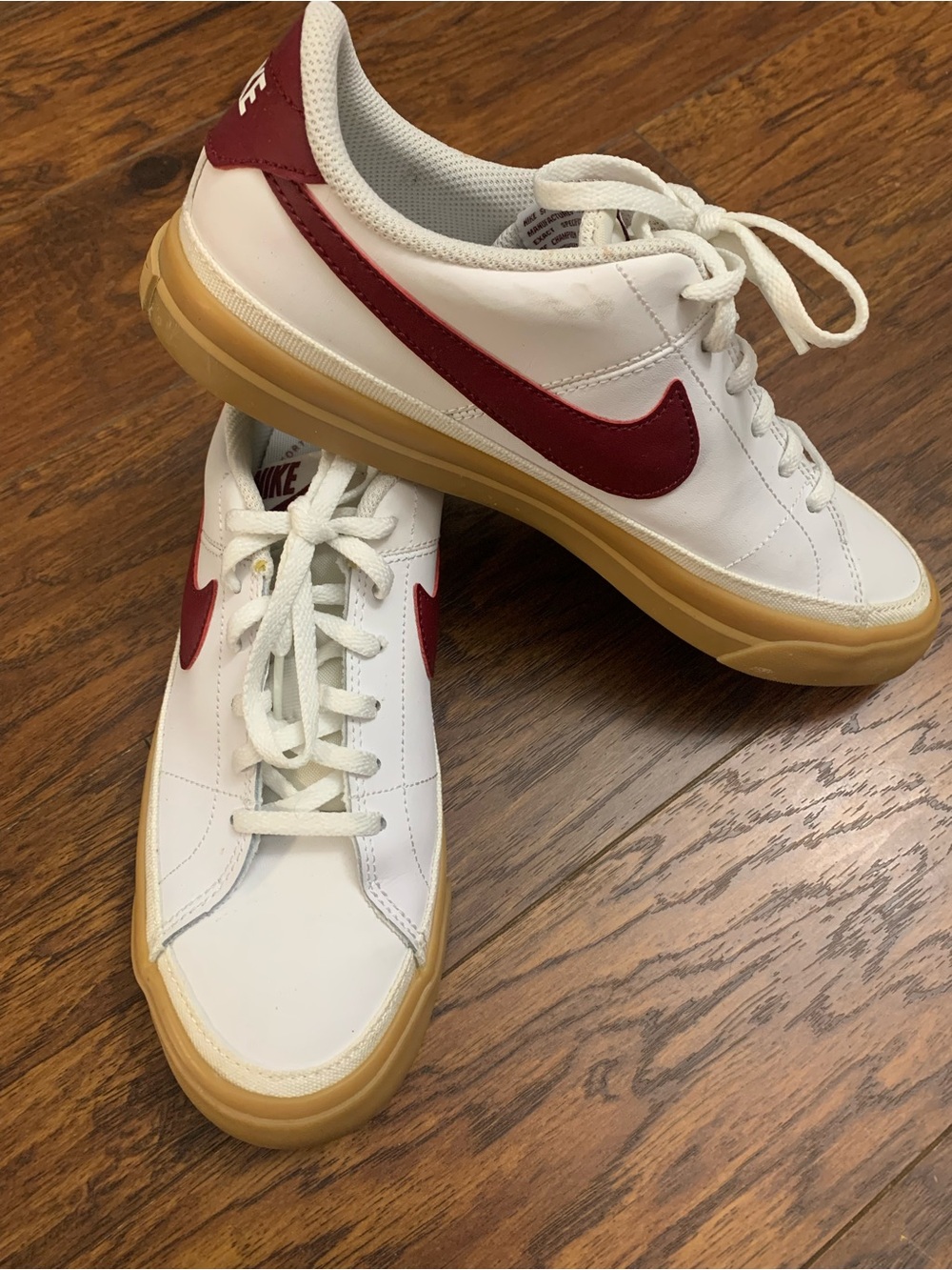 Nike White Sneakers with Red Swoosh and Gum Sole